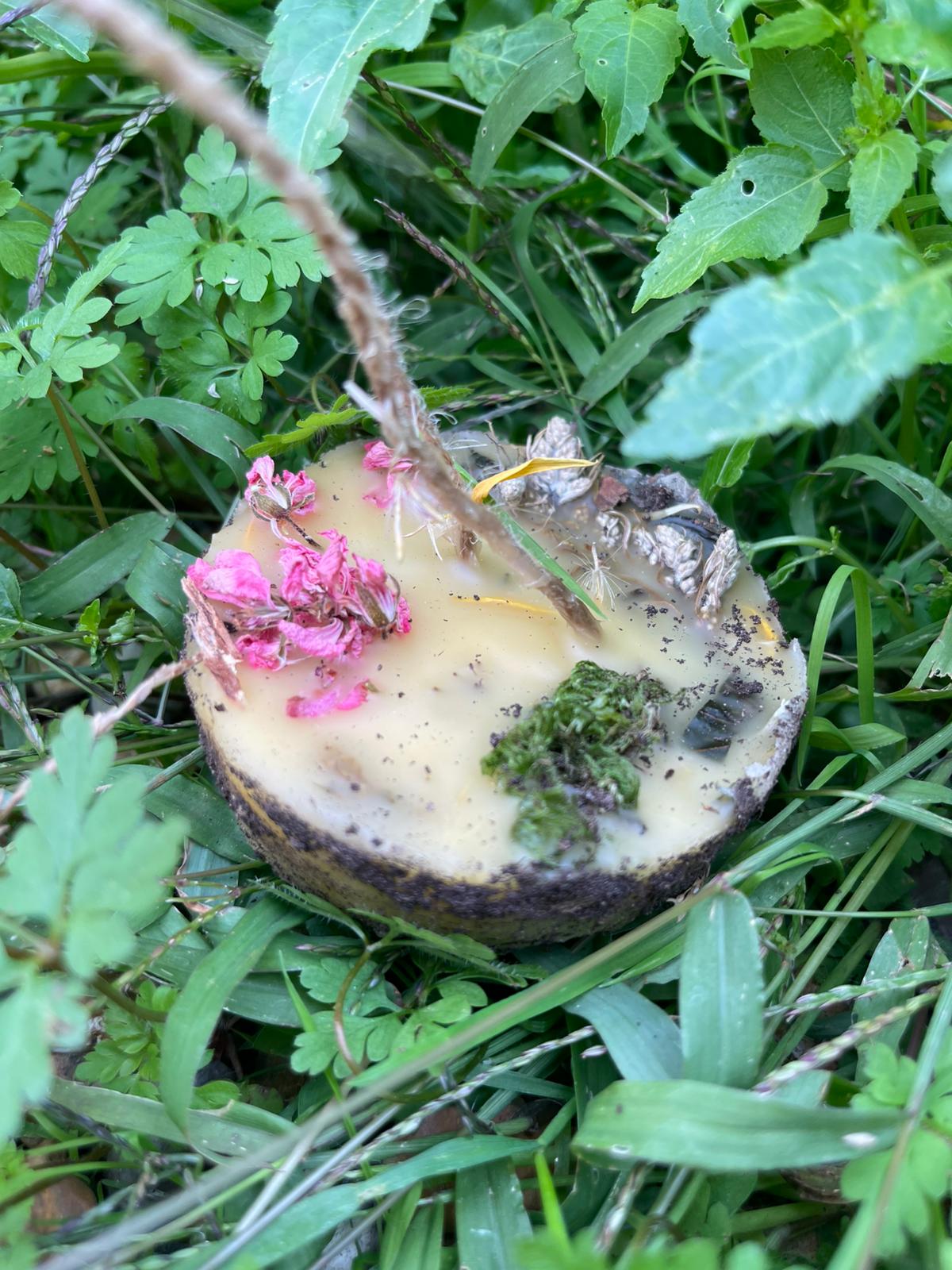 Handmade Earth candle with pink flowers in natural grass setting